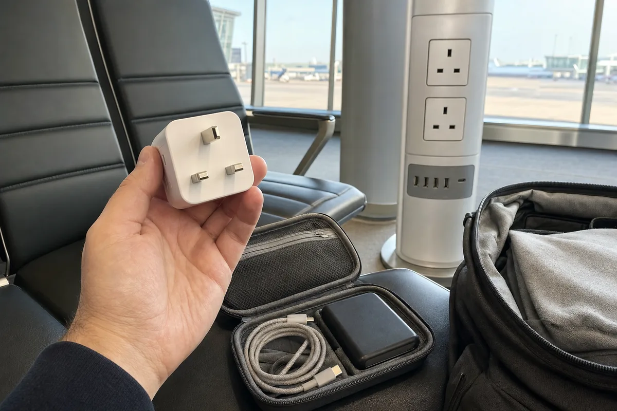 Adaptateur G, câble et batterie externe sortis du bagage cabine pendant une escale à l’aéroport de Dubaï