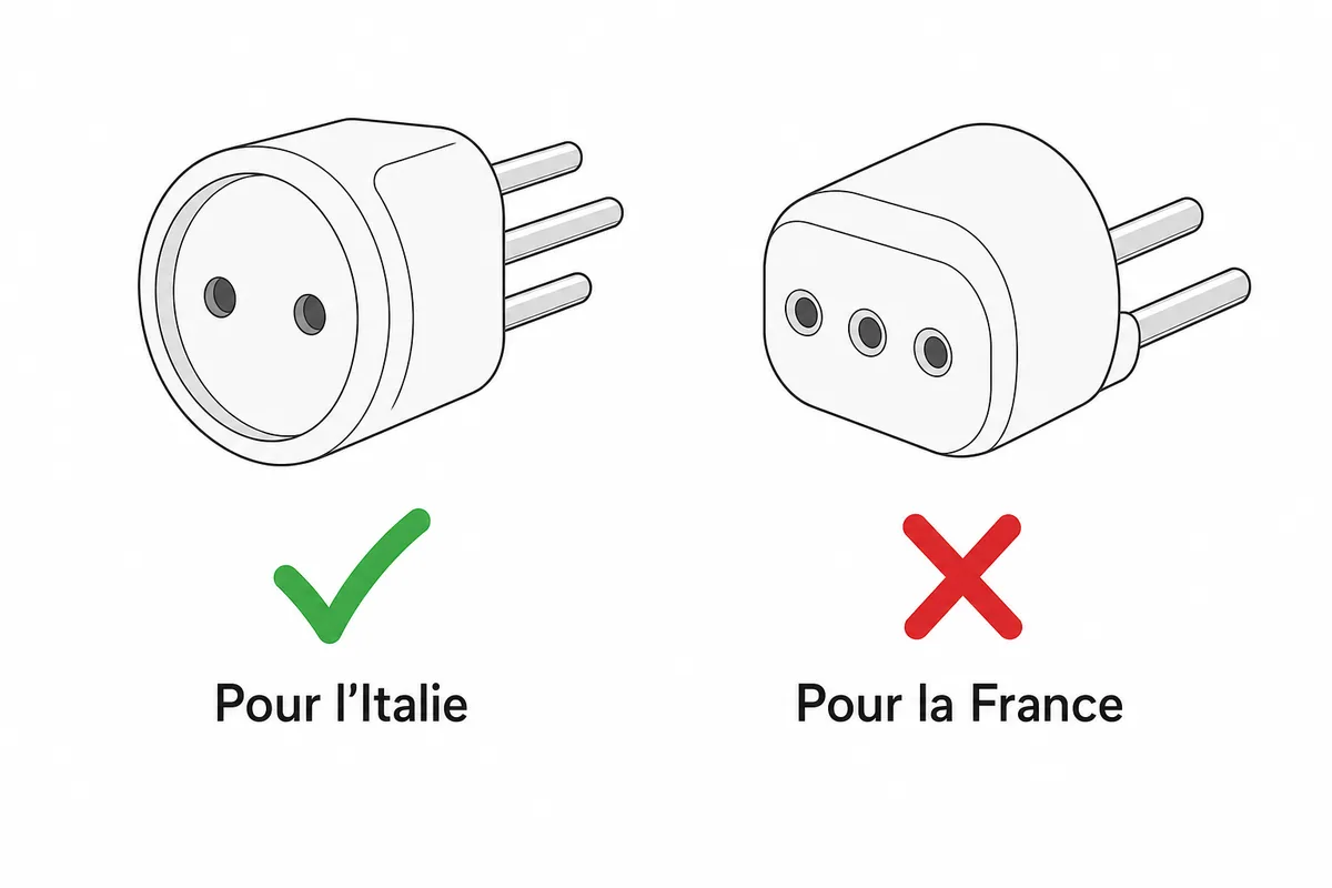 Deux adaptateurs France Italie comparés : le bon a ses 3 broches alignées côté mur, l’autre sert à brancher un appareil italien en France
