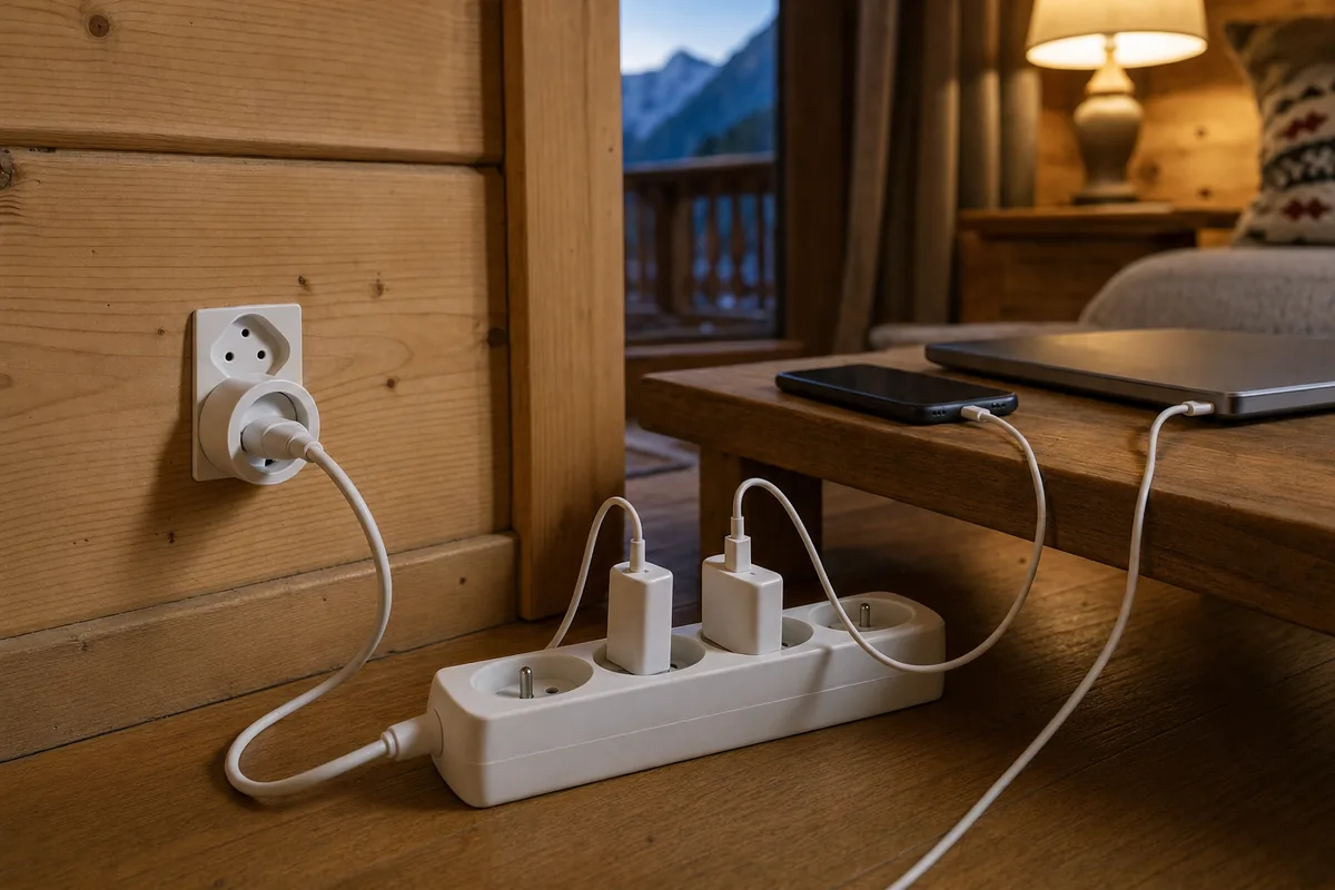 Dans un chalet suisse, une multiprise française branchée sur un adaptateur type J recharge téléphone et ordinateur
