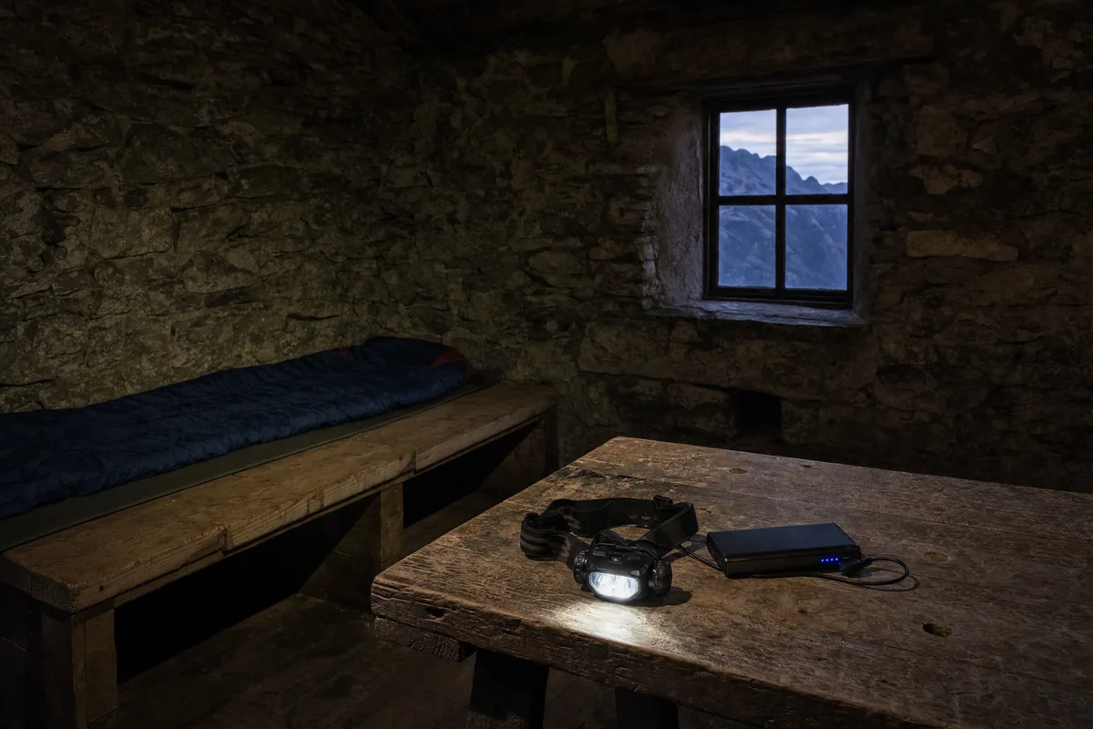Intérieur d'un bothy écossais sans prise électrique, avec une lampe frontale et une batterie externe