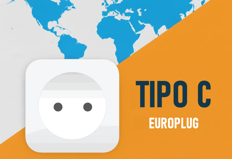 Ilustración del enchufe tipo C, el Europlug, sobre un mapa del mundo