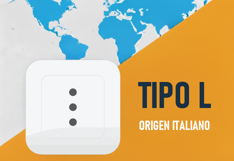 Ilustración del enchufe tipo L, de origen italiano, sobre un mapa del mundo
