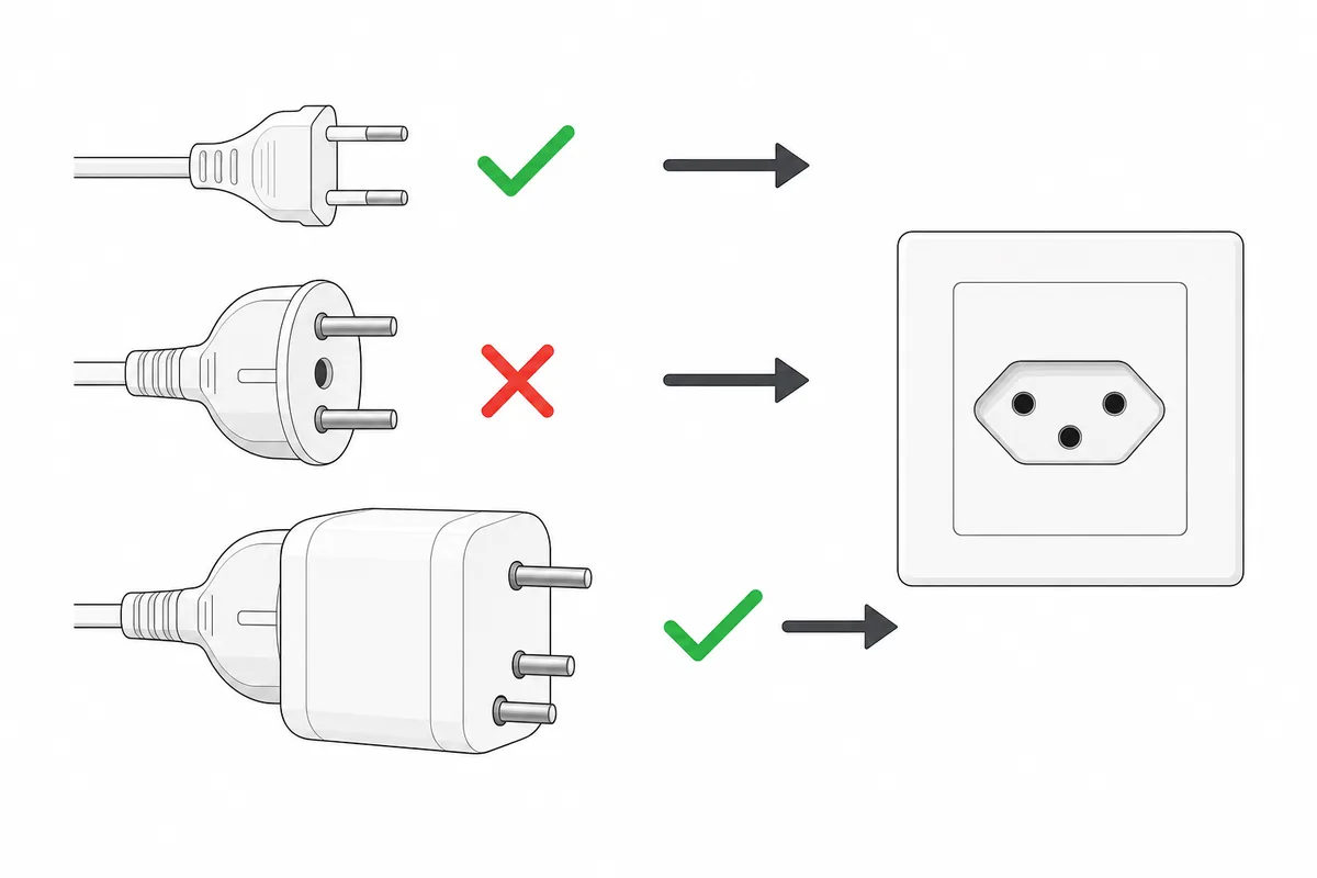 Dans une prise suisse, la fiche plate entre directement, alors que la fiche ronde française passe par un adaptateur type J