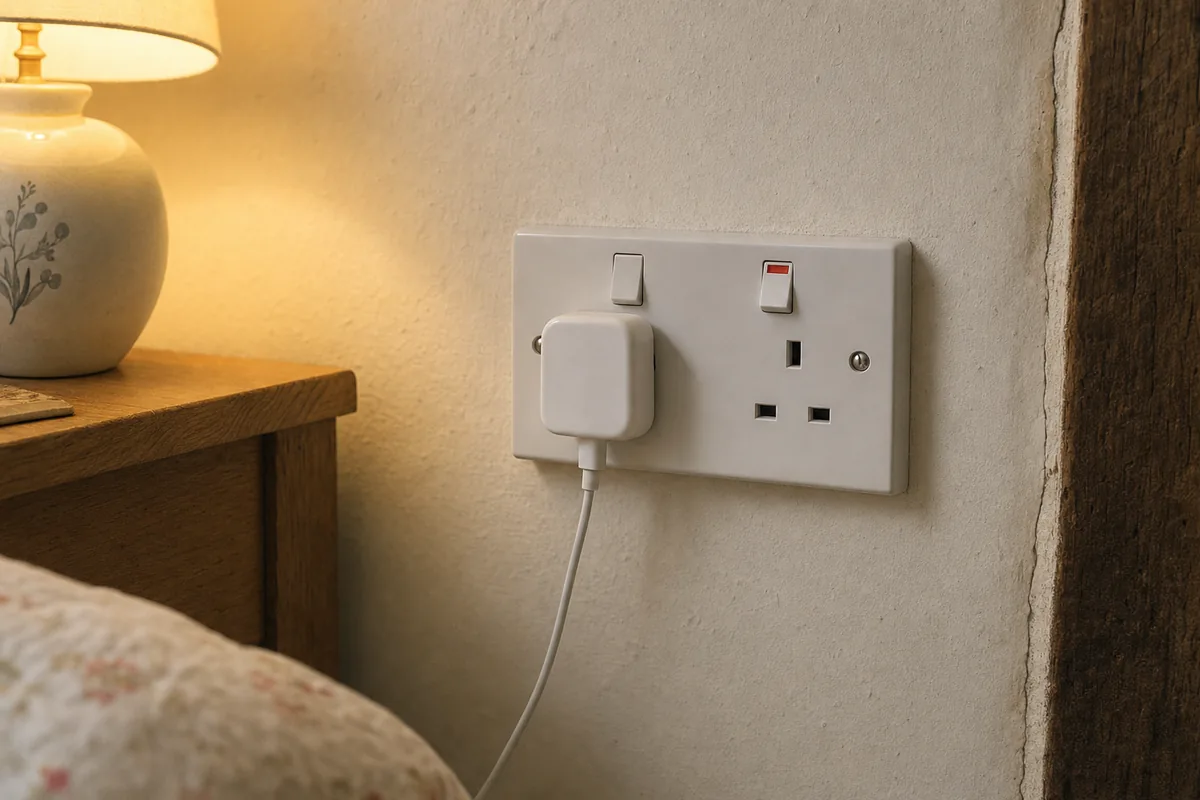 Prise anglaise double avec ses interrupteurs, un chargeur branché sur une prise restée éteinte