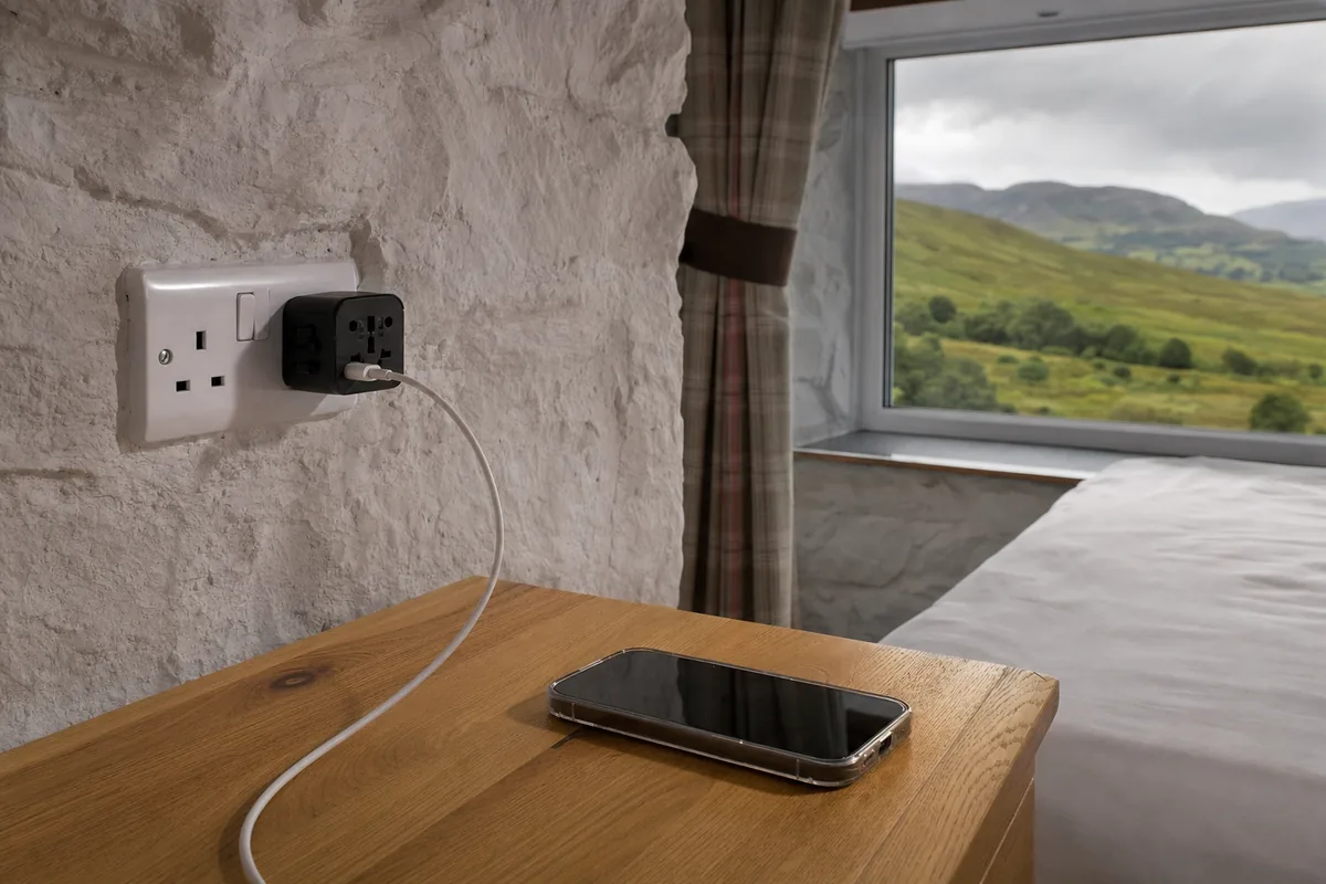 Prise murale britannique de type G dans une chambre écossaise, adaptateur de voyage branché et collines des Highlands