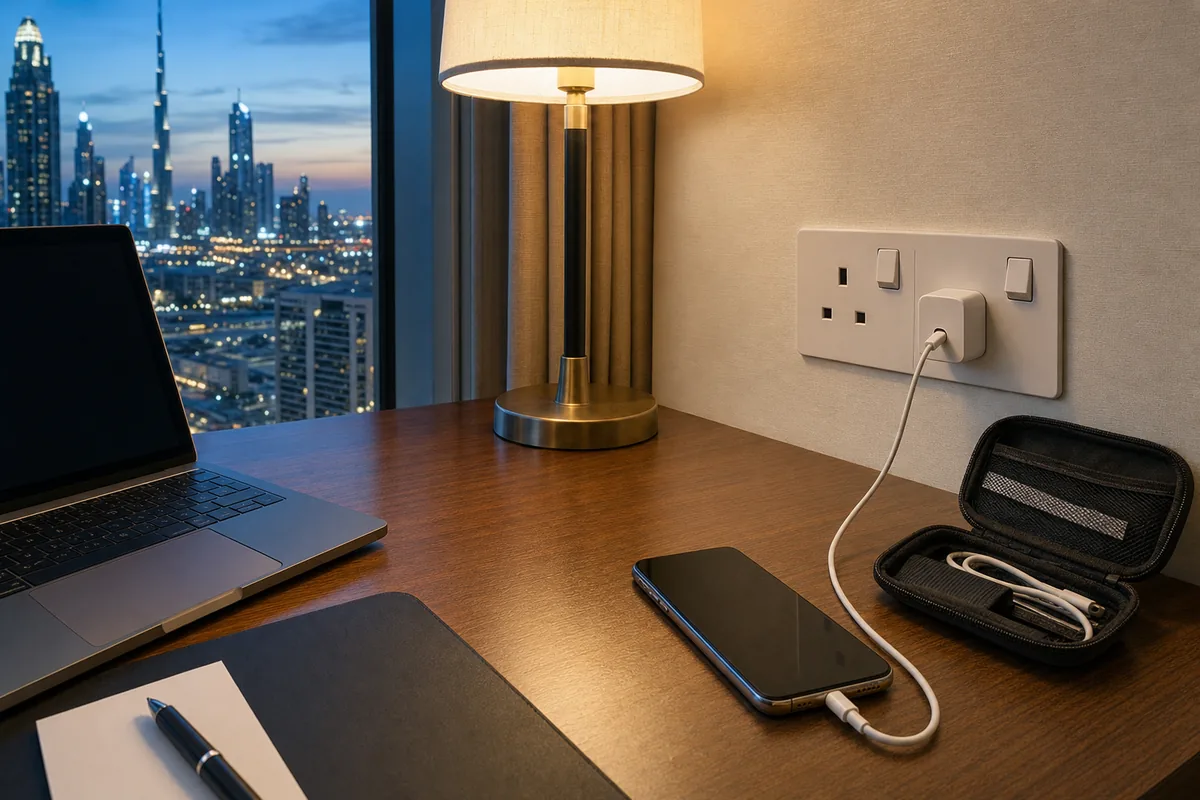 Prise de type G dans une chambre d’hôtel à Dubaï, où un adaptateur de voyage recharge un téléphone le soir