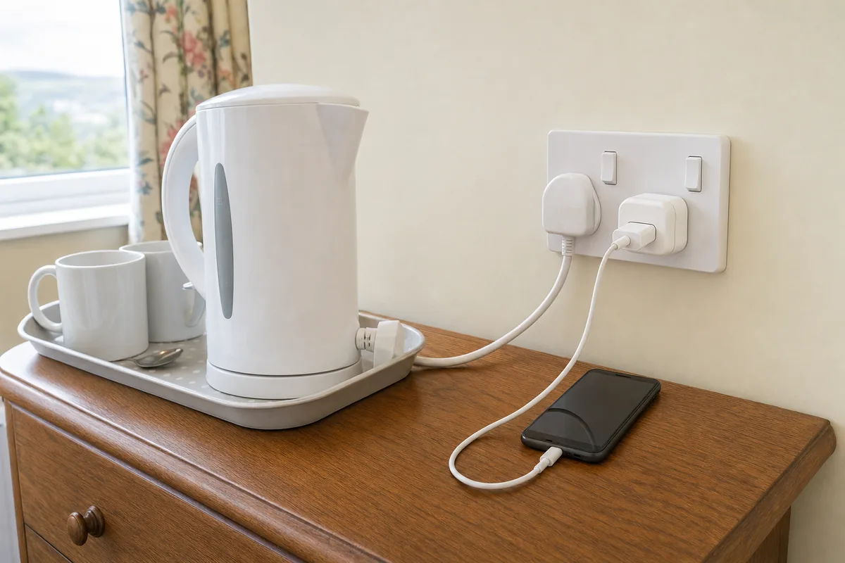 Prise double de type G dans un B&B en Irlande, la bouilloire d’un côté, un adaptateur et un chargeur français de l’autre