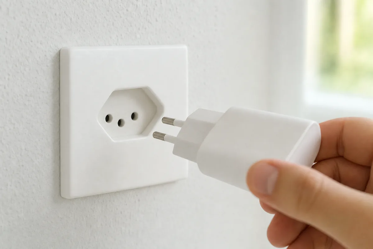 Prise électrique suisse T13 à 3 trous ronds dans un creux hexagonal, où un chargeur à fiche plate se branche tel quel