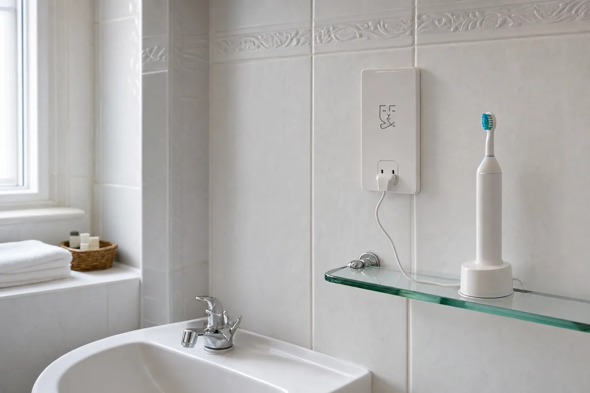 Prise rasoir d’une salle de bain en Irlande, où la brosse à dents se branche sans adaptateur avec sa fiche plate française