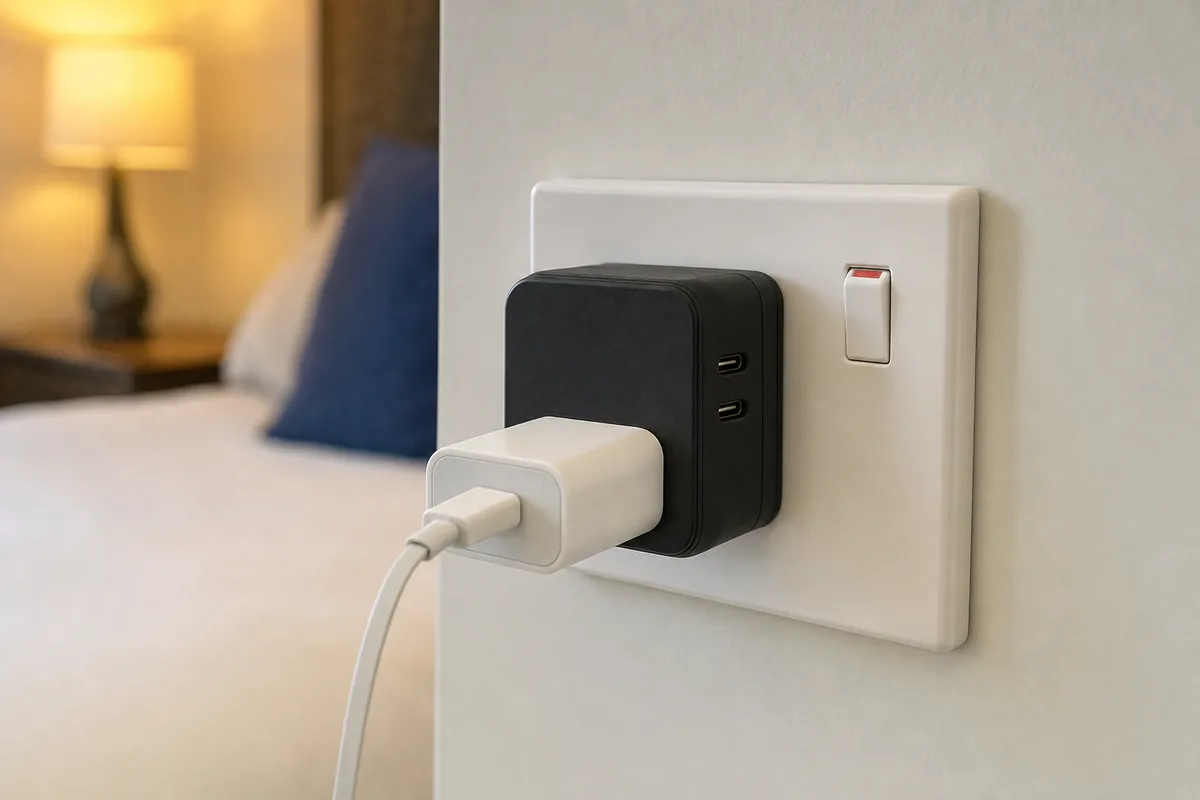 Prise UK de type G à interrupteur, avec un adaptateur universel et un chargeur à fiche plate branchés