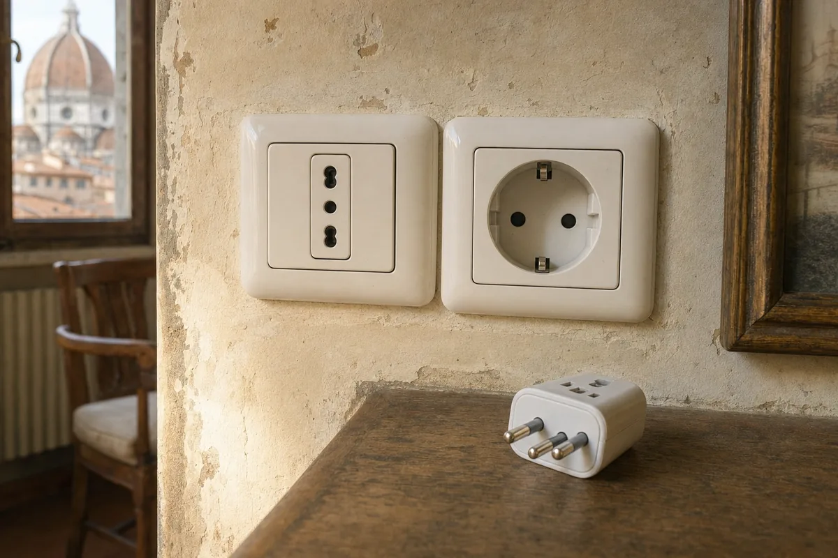 Prise italienne bipasso et prise Schuko sur le mur d’un appartement ancien, avec un adaptateur de voyage posé dessous