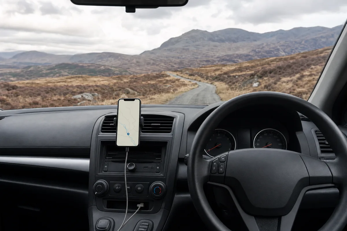 Téléphone rechargé sur le port USB d'une voiture pendant un road trip dans les Highlands écossais