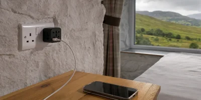 Prise murale britannique de type G dans une chambre écossaise, adaptateur de voyage branché et collines des Highlands