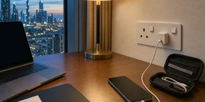 Prise de type G dans une chambre d’hôtel à Dubaï, où un adaptateur de voyage recharge un téléphone le soir