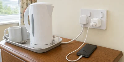 Prise double de type G dans un B&B en Irlande, la bouilloire d’un côté, un adaptateur et un chargeur français de l’autre