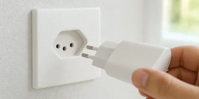 Prise électrique suisse T13 à 3 trous ronds dans un creux hexagonal, où un chargeur à fiche plate se branche tel quel
