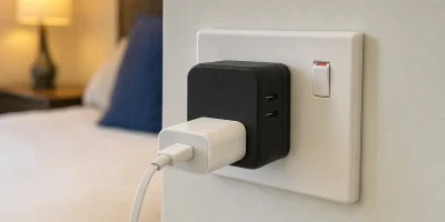 Prise UK de type G à interrupteur, avec un adaptateur universel et un chargeur à fiche plate branchés