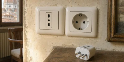 Prise italienne bipasso et prise Schuko sur le mur d’un appartement ancien, avec un adaptateur de voyage posé dessous